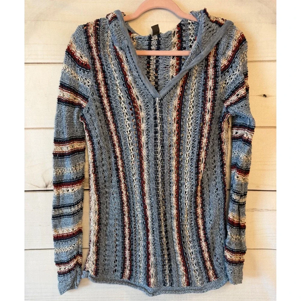Eddie Bauer Womens Blue Striped Open Knit Hooded Sweater Pullover Medium Boho